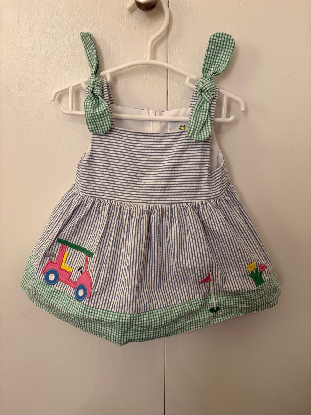 Florence Eiseman Blue Stripe Dress with Green Gingham Ties and Golf Appliqué